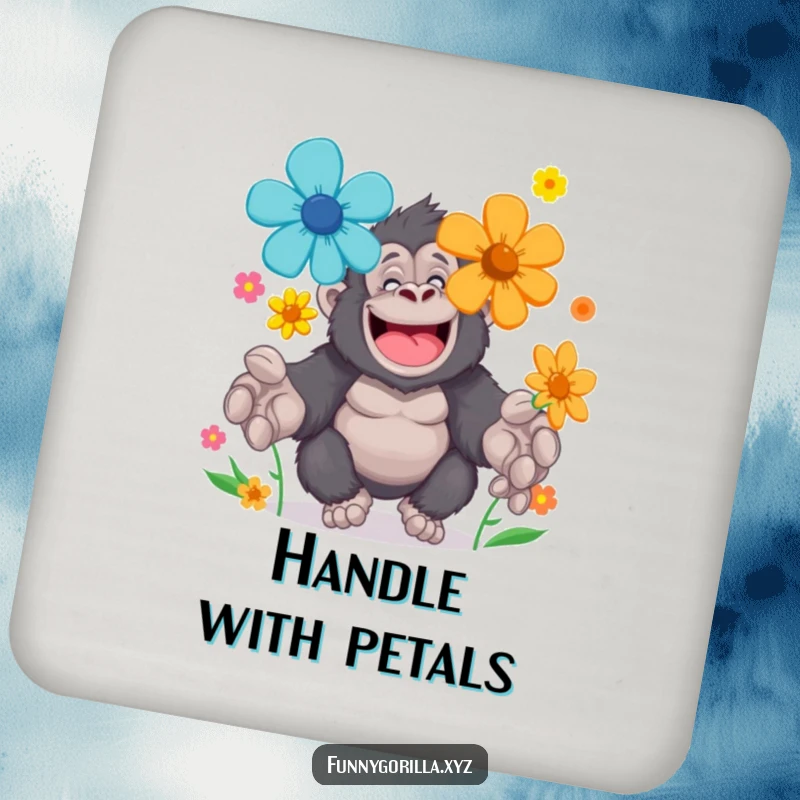 Funny Drink Coasters showcasing a cheerful gorilla character juggling brightly colored flowers with large paws, adding charm to surface protection.