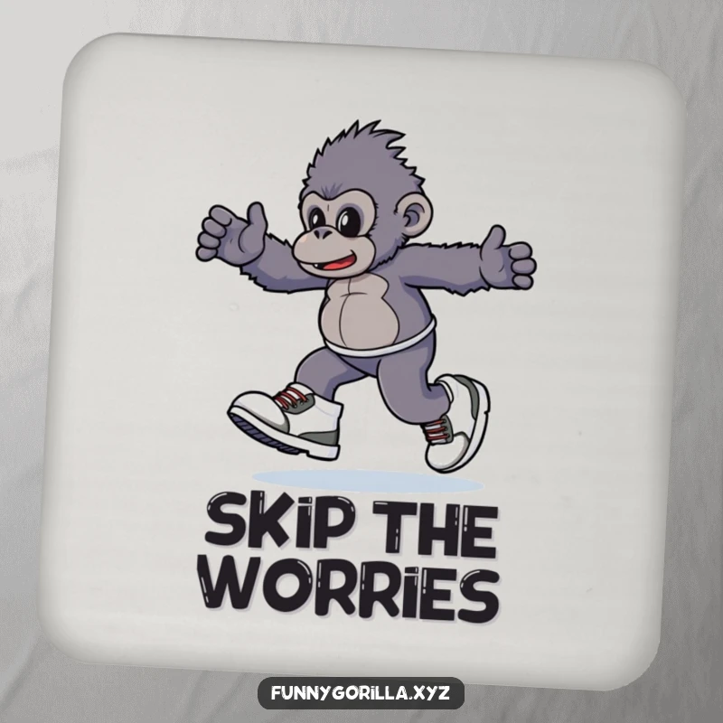 Funny Coaster with a gorilla character playfully skipping in oversized sneakers, protecting surfaces with a humorous and lighthearted touch.
