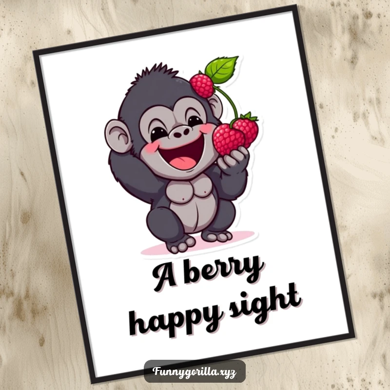 Funny Poster art of a happy gorilla character excitedly offering a berry, conveying a sense of sharing and pure delight.