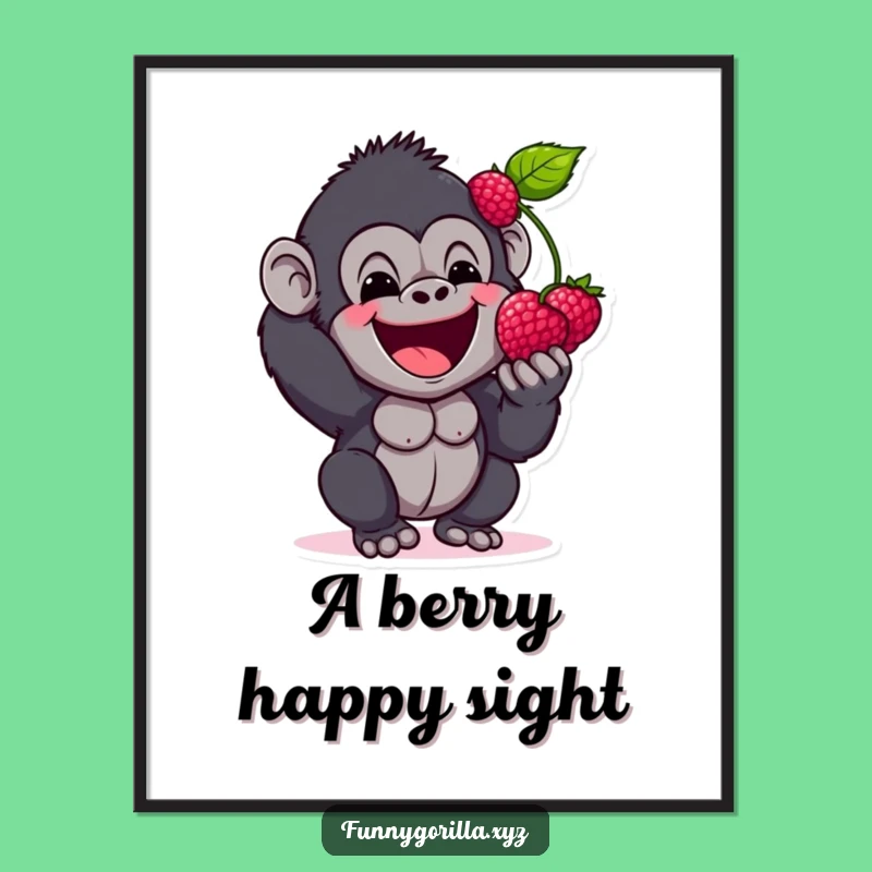Funny Gorilla Berry Poster: Happy Primate Art Sharing a Treat Delightfully