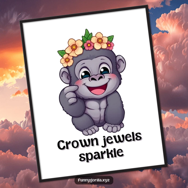 Funny poster showcasing a happy gorilla wearing a flower crown, playfully poking its cheek with a sweet and charming expression.