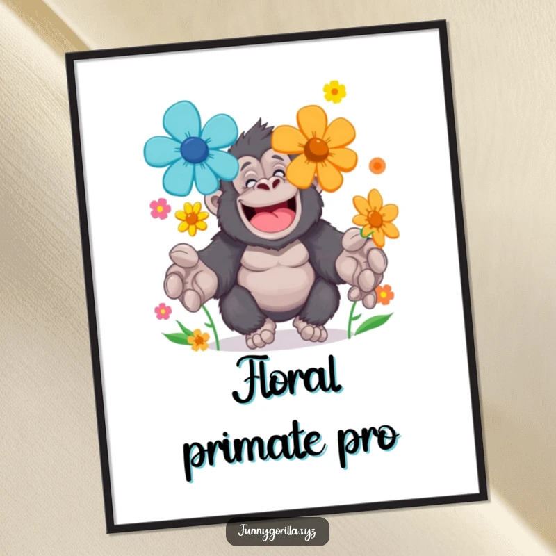 Funny Poster depicting a cheerful gorilla character juggling brightly colored flowers with large paws, adding gentle, artistic charm to walls.