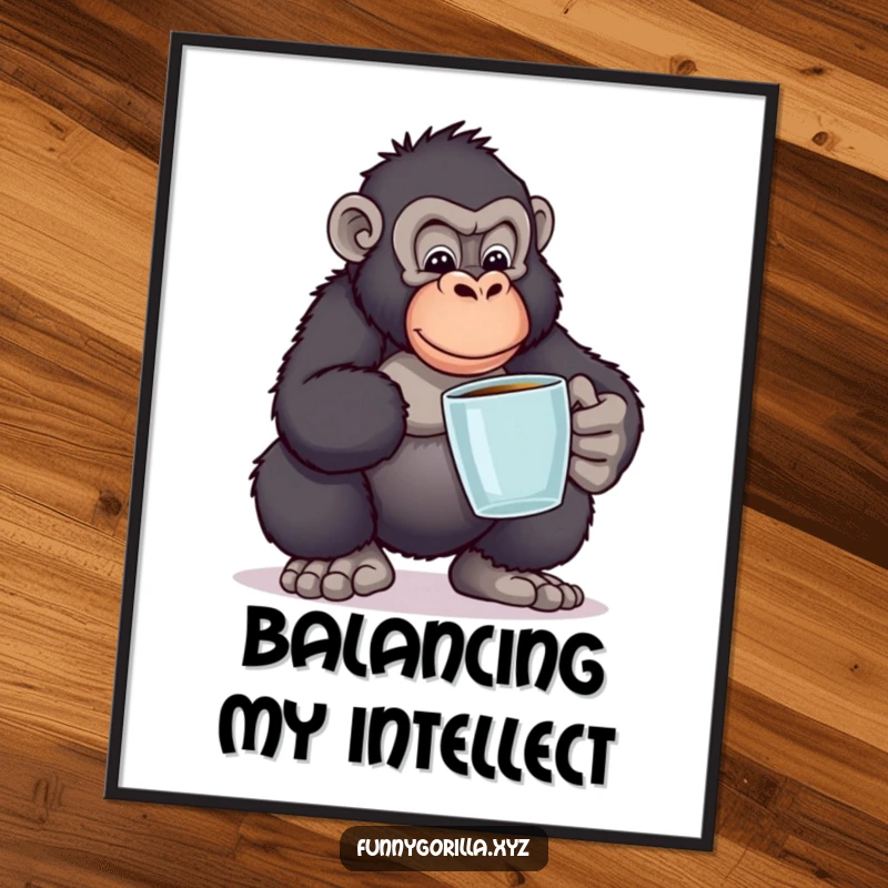 Funny poster of a gorilla in a funny pose balancing books, conveying a humorous struggle with knowledge and a love for literature.