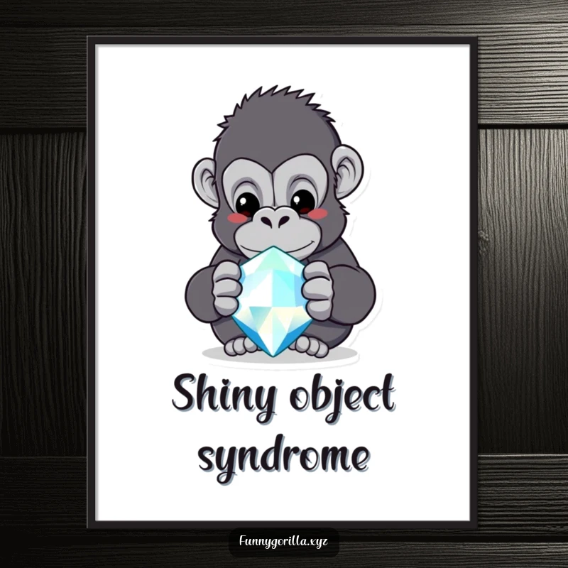 Funny gorilla poster, a curious primate staring intently at a massive, dazzling jewel, creating a sense of enchantment.