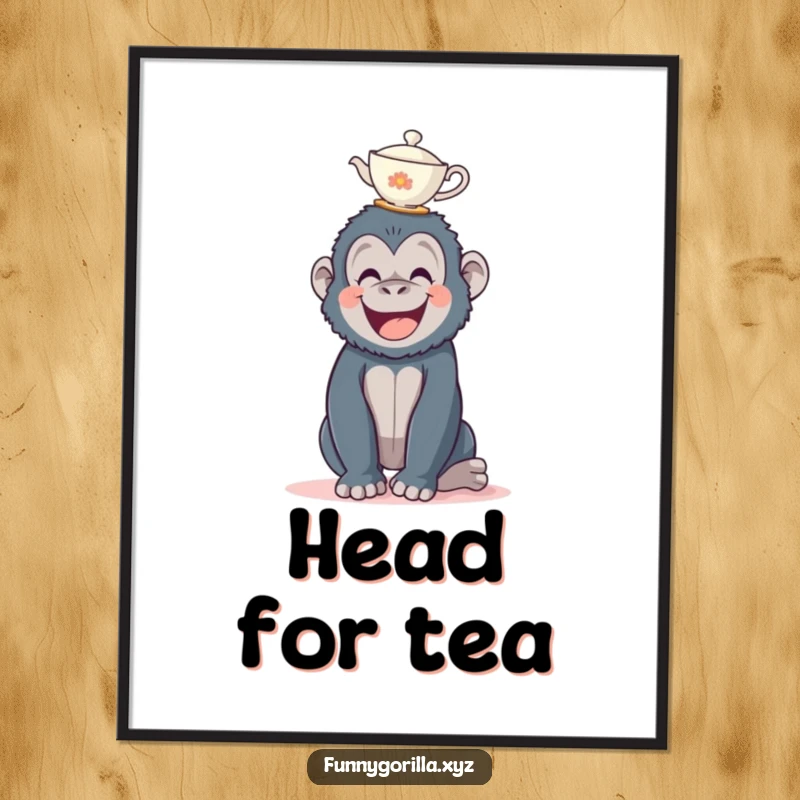 Funny gorilla poster, a happy ape with intense focus, attempting to balance a tiny teacup on its head.