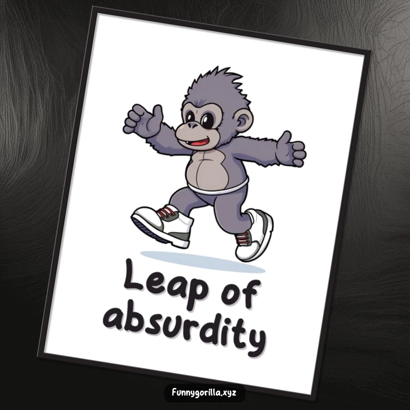 Funny Poster art of a gorilla character playfully skipping in enormously oversized sneakers, radiating pure, infectious silliness.