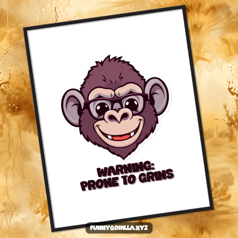 Funny Poster artwork of a stylized gorilla head with a broad, comical smile and adorable little ears, creating a cheerful vibe.