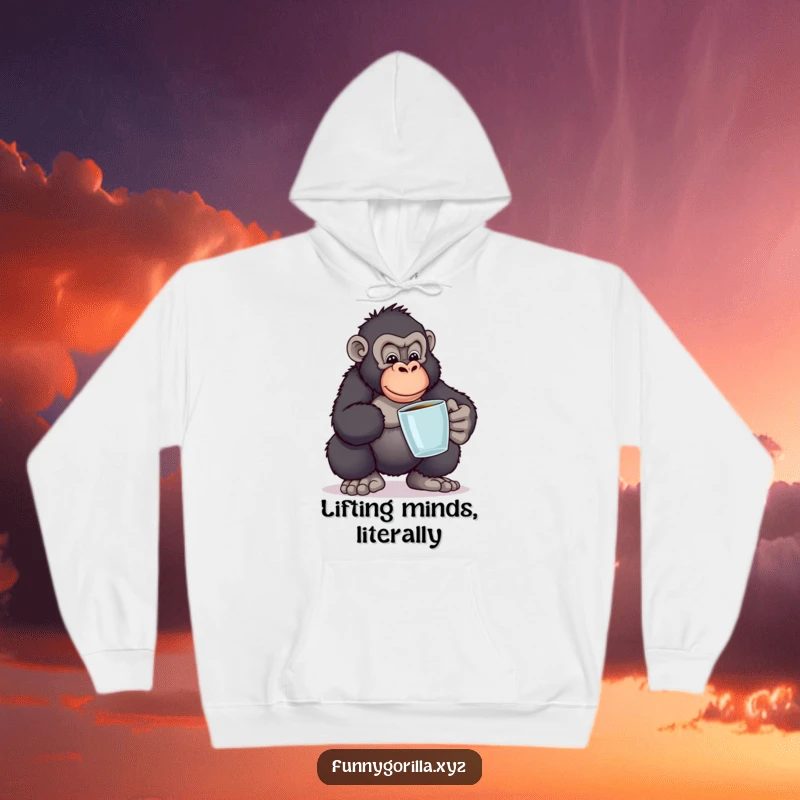Funny hoodie featuring a gorilla in a funny pose balancing books, providing cozy comfort and a humorous nod to intellectual endeavors.