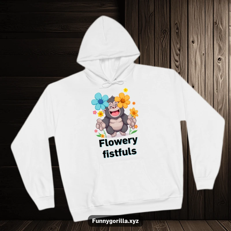 Funny Hoodie of a cheerful gorilla character juggling brightly colored flowers with large paws, perfect for cozy, humorous wear.