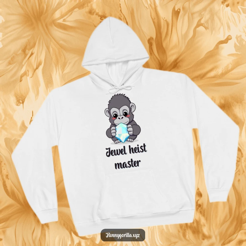 Funny gorilla hoodie, a curious primate captivated by the sparkle of a huge, radiant jewel.