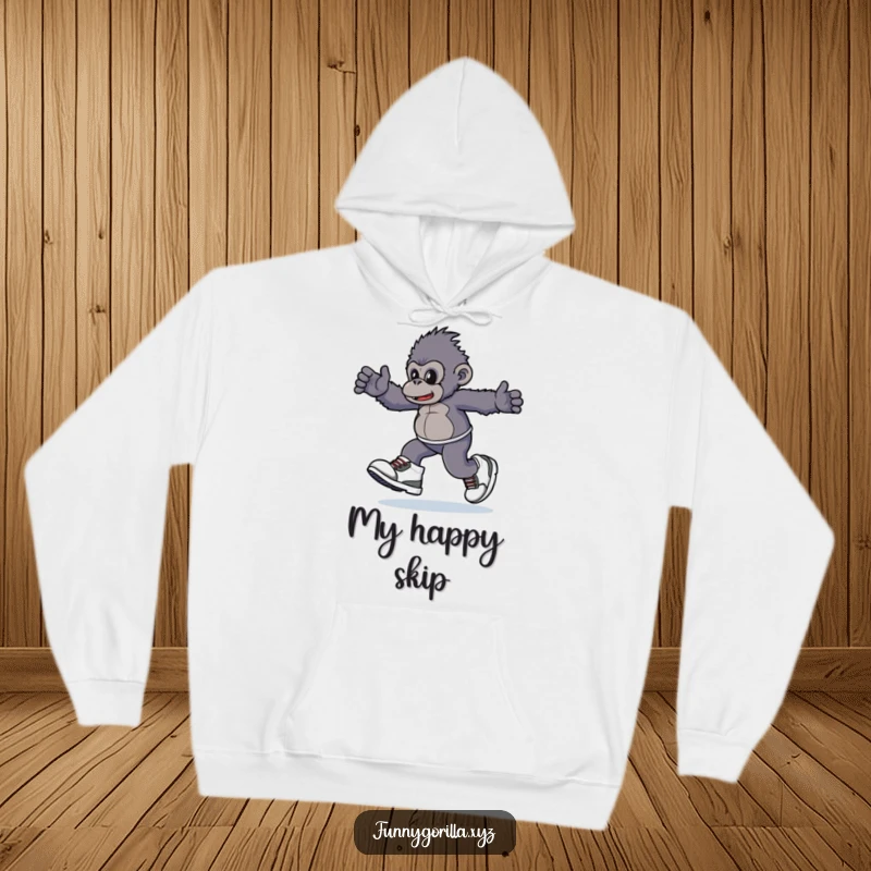 Funny Hoodie depicting a gorilla character playfully skipping in enormous sneakers, offering warmth and a dose of hilarious charm.