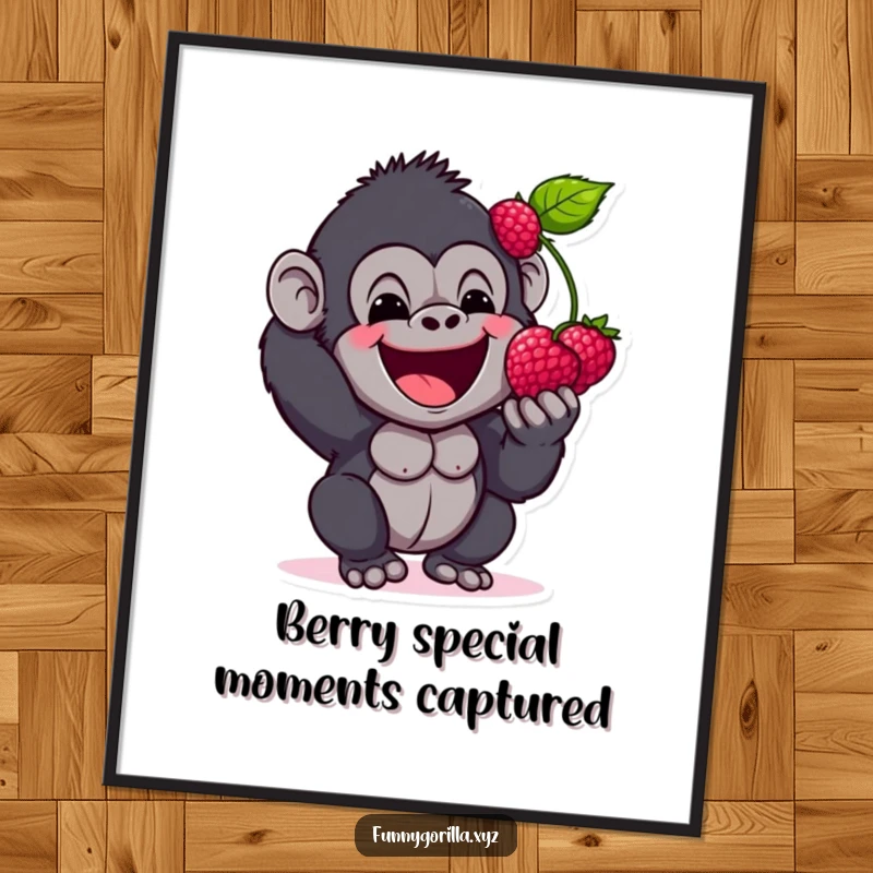 Funny Free Printable Wall Art: A happy gorilla character excitedly presents a single berry with a warm, joyful expression.