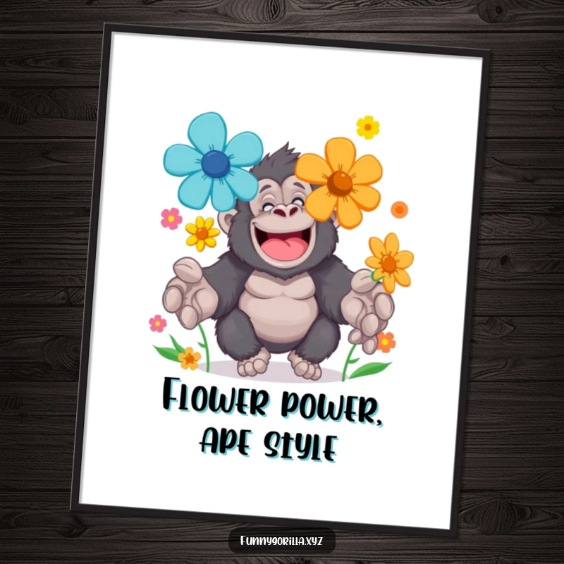 Funny Free Printable Wall Art: Cheerful gorilla character with large paws skillfully juggling a vibrant array of brightly colored flowers, a heartwarming scene.