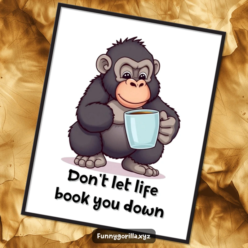 Funny free printable wall art featuring a gorilla in a funny pose balancing books, a humorous downloadable art piece.