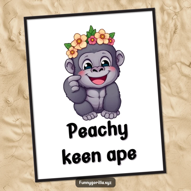 Funny Free Printable Wall Art: A happy gorilla wearing a flower crown playfully pokes its cheek.