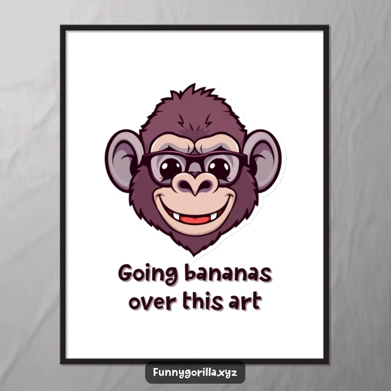 Funny Free Printable Wall Art: A stylized gorilla head with an enormous, comical smile and tiny ears, radiating pure amusement.