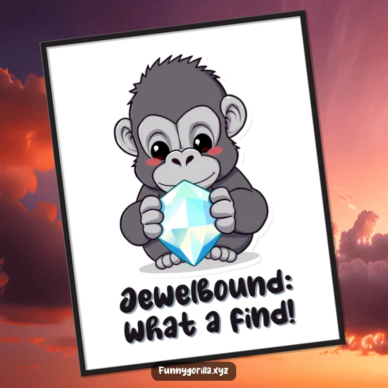 Funny Free Printable Wall Art: A curious gorilla stares intently at a huge, sparkling jewel with fascination.