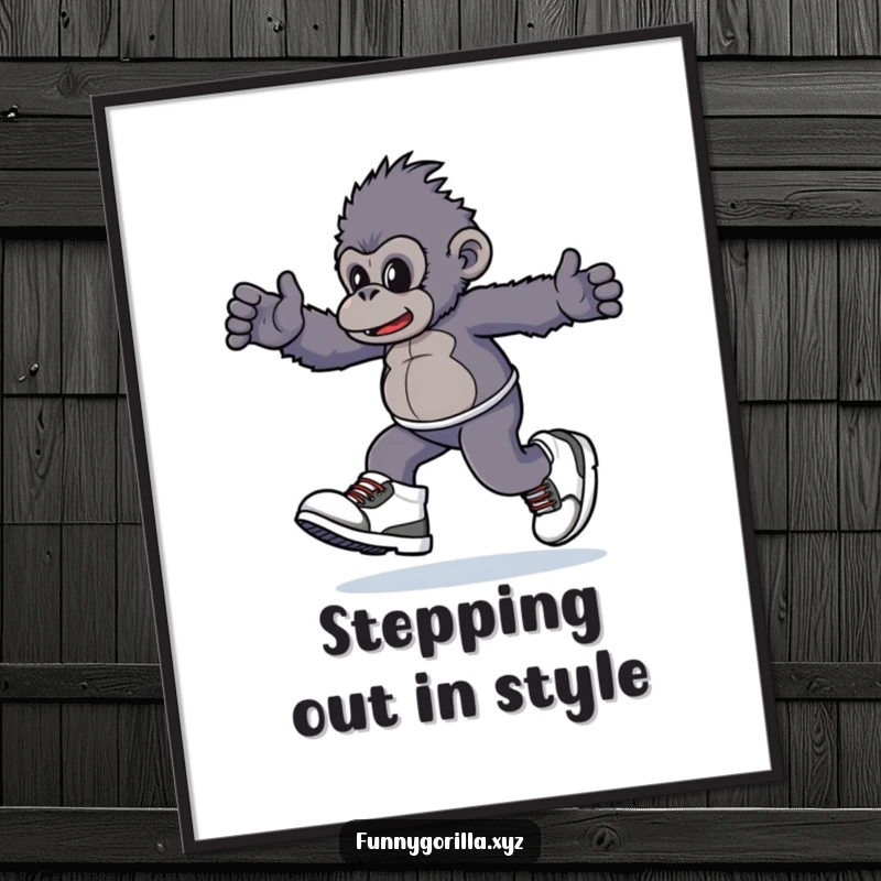 Funny Free Printable Wall Art: A gorilla character wearing incredibly large sneakers, joyfully skipping with energetic, playful vibes.