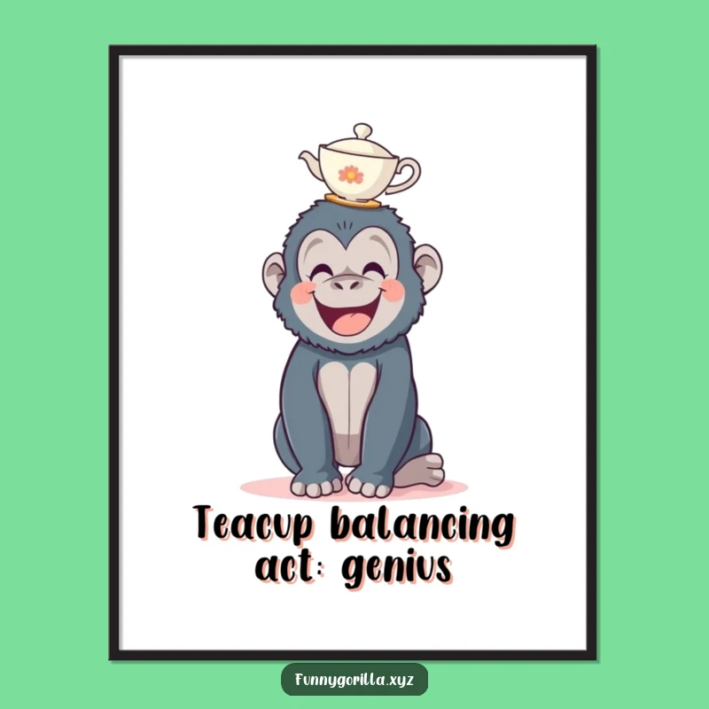 Funny Free Printable Wall Art: Gorilla Teacup Balance, Quirky Downloadable Decor for Home