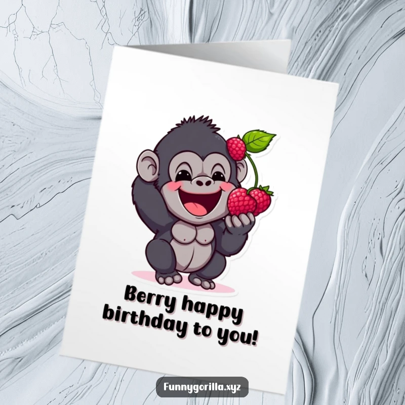 Funny Free Printable Birthday Card: A happy gorilla character excitedly offers a juicy berry with a beaming expression, perfect for celebrations.