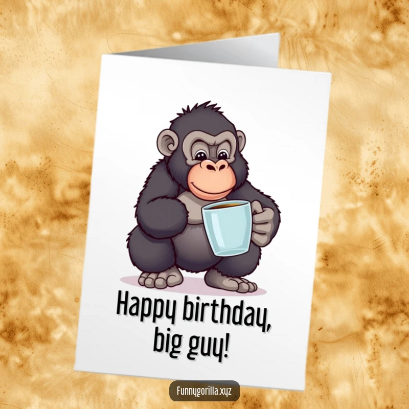 Funny free printable birthday card featuring a gorilla hilariously trying to balance a stack of books, a unique digital gift.