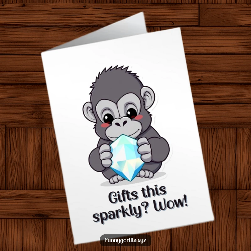 Funny Free Printable Birthday Card: A curious gorilla stares intently at a huge, sparkling jewel with wonder.