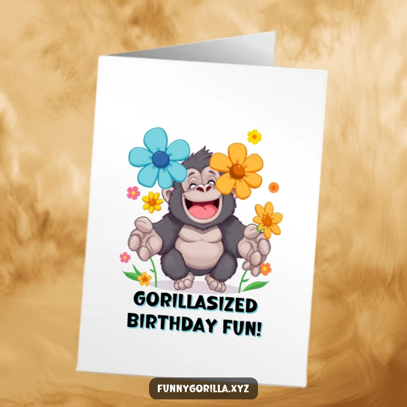 Funny Free Printable Birthday Card: Cheerful gorilla character with large paws playfully juggling a vibrant assortment of brightly colored flowers, a gentle giant.