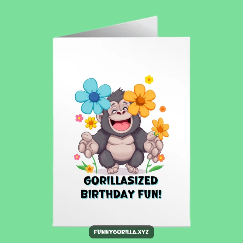 Funny Printable Birthday Card: Gorilla Flower Juggling, Cheerful, Hilarious Downloadable Gift