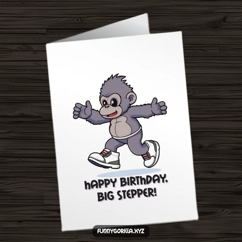 Funny Free Printable Birthday Card: A gorilla character in enormous sneakers, happily skipping with pure playful energy.