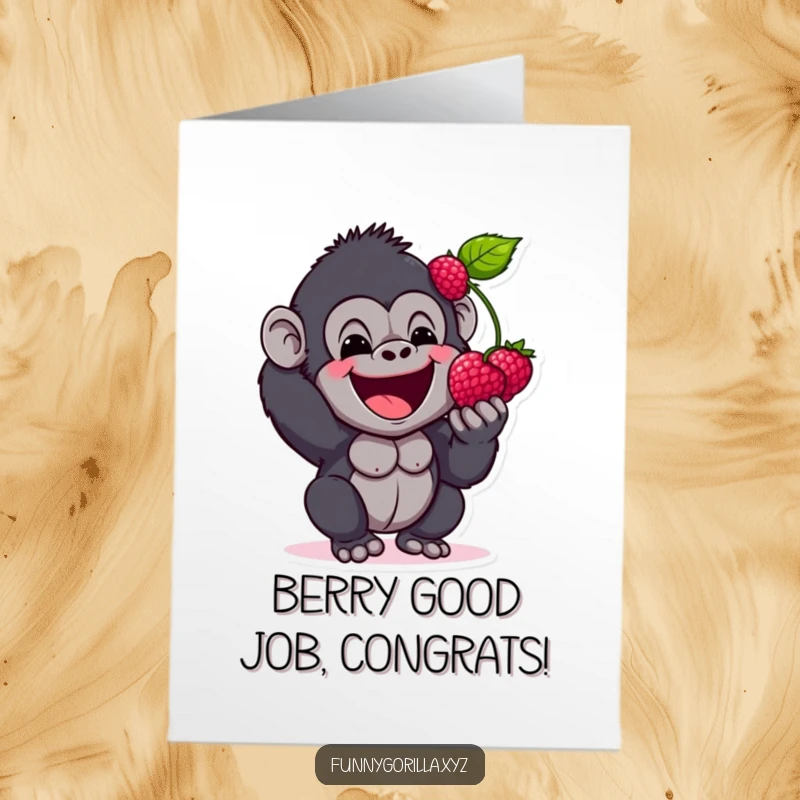 Funny Free Printable Congratulations Card: A gorilla with a joyful expression excitedly offers a single berry, celebrating a wonderful achievement.