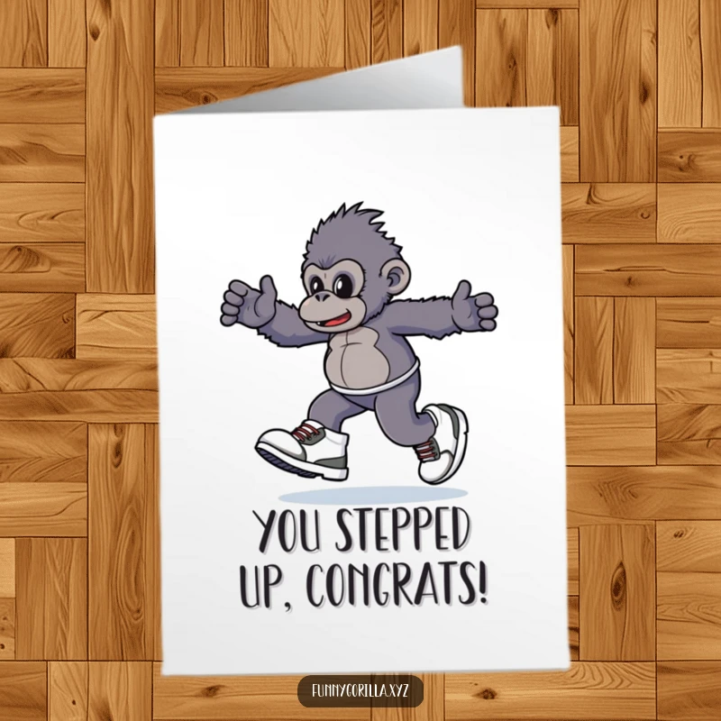 Funny Free Printable Congratulations Card: A gorilla wearing oversized sneakers, playfully skipping with an infectious, happy stride.