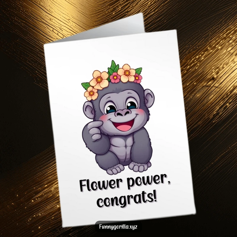 Funny Free Printable Congratulations Card: Gorilla with flower crown playfully pokes cheek, celebrating success.