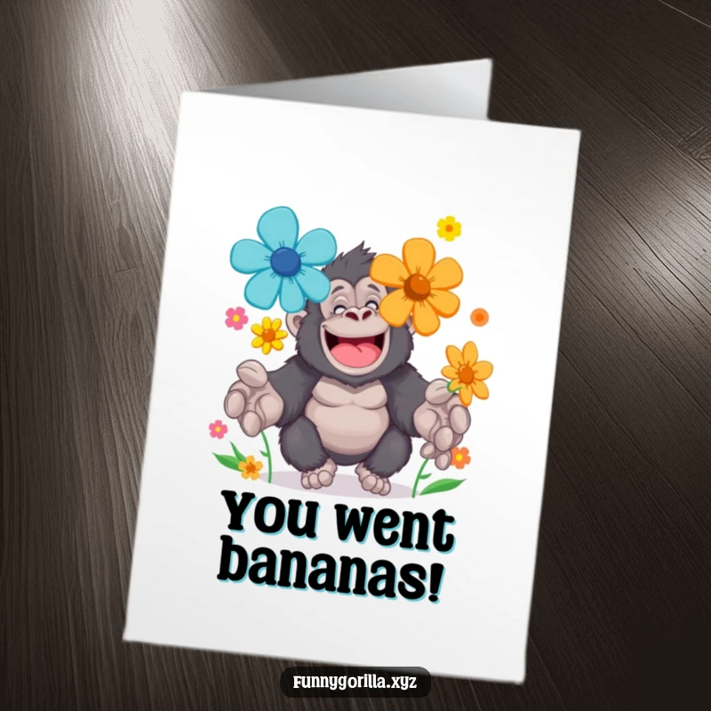 Funny Free Printable Congratulations Card: Cheerful gorilla character expertly juggling colorful flowers with his large paws, a symbol of gentle strength and celebration.
