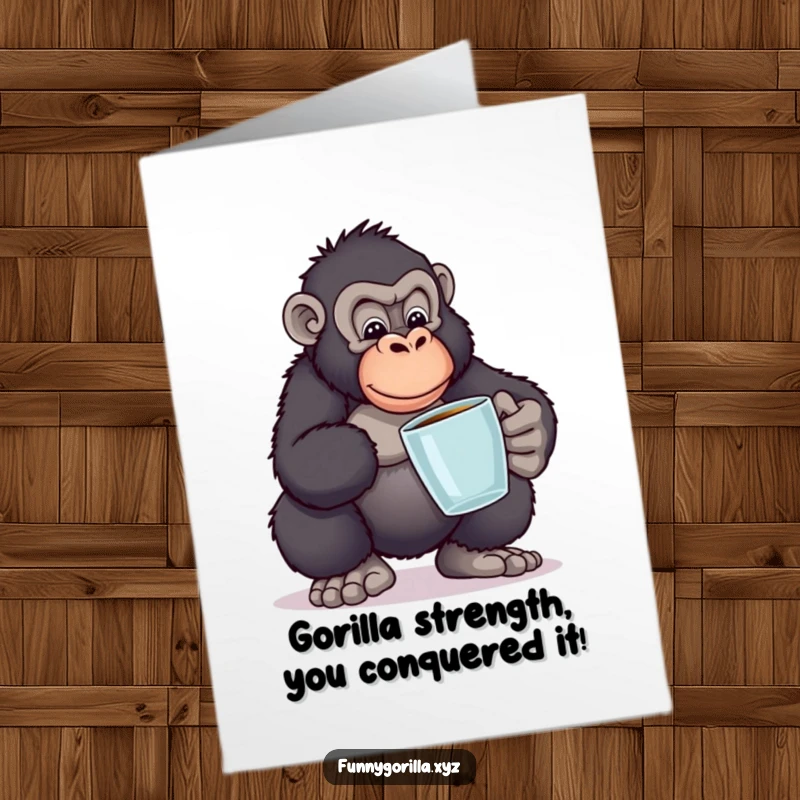 Funny free printable congratulations card with a gorilla balancing books, a humorous downloadable greeting for achievements.