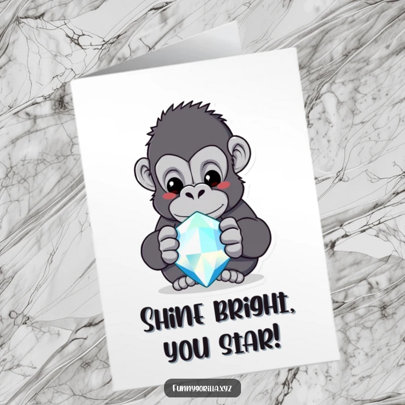 Funny Free Printable Congrats Card: A gorilla is mesmerized by the shine of an oversized, sparkling jewel.
