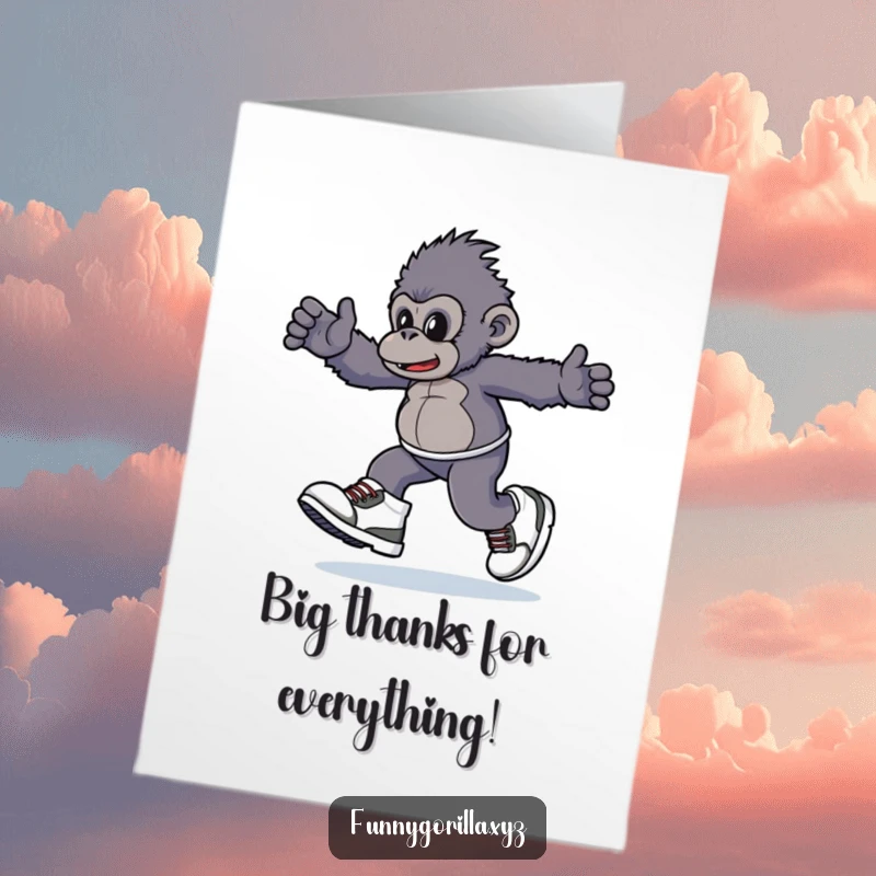 Funny Free Printable Thank You Card: A gorilla character sporting enormous sneakers, skipping playfully to express gratitude.