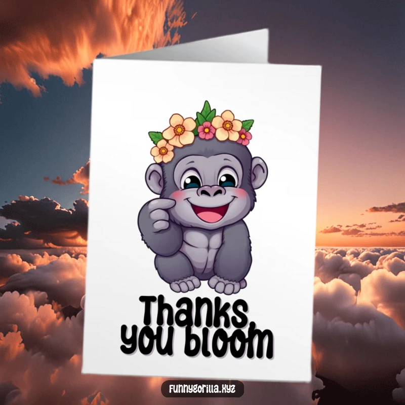 Funny Free Printable Thank You Card: A happy gorilla wearing a flower crown playfully pokes its cheek.