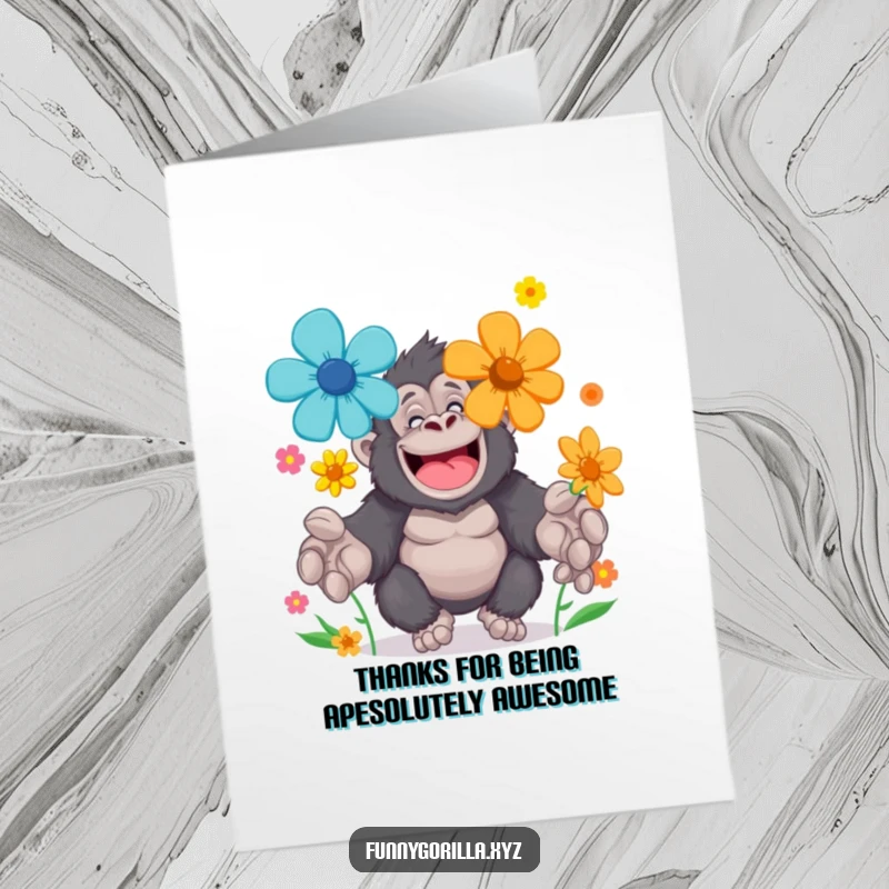 Funny Free Printable Thank You Card: Cheerful gorilla character juggling a colorful bouquet of flowers with his big paws, a delightful thank you.