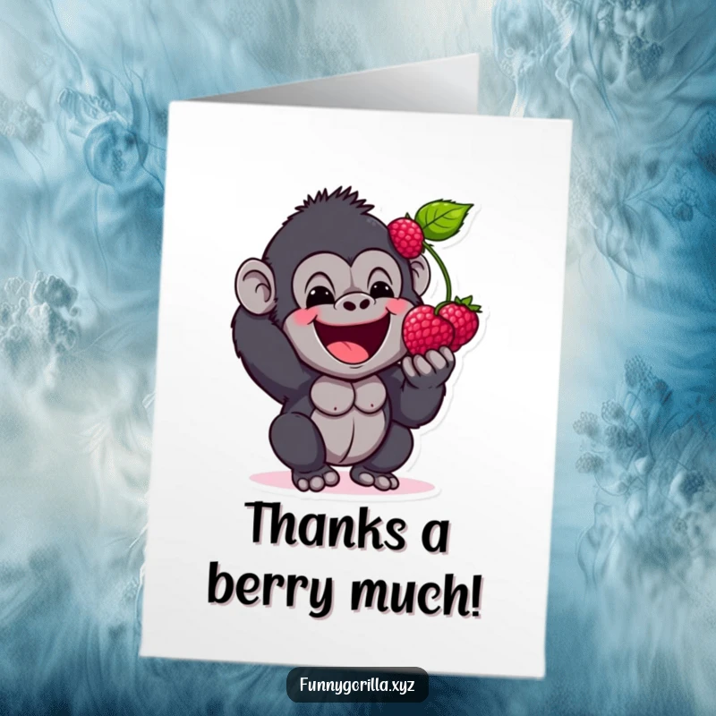 Funny Free Printable Thank You Card: A gorilla character with a happy, excited expression offers a single berry as a gesture of thanks.