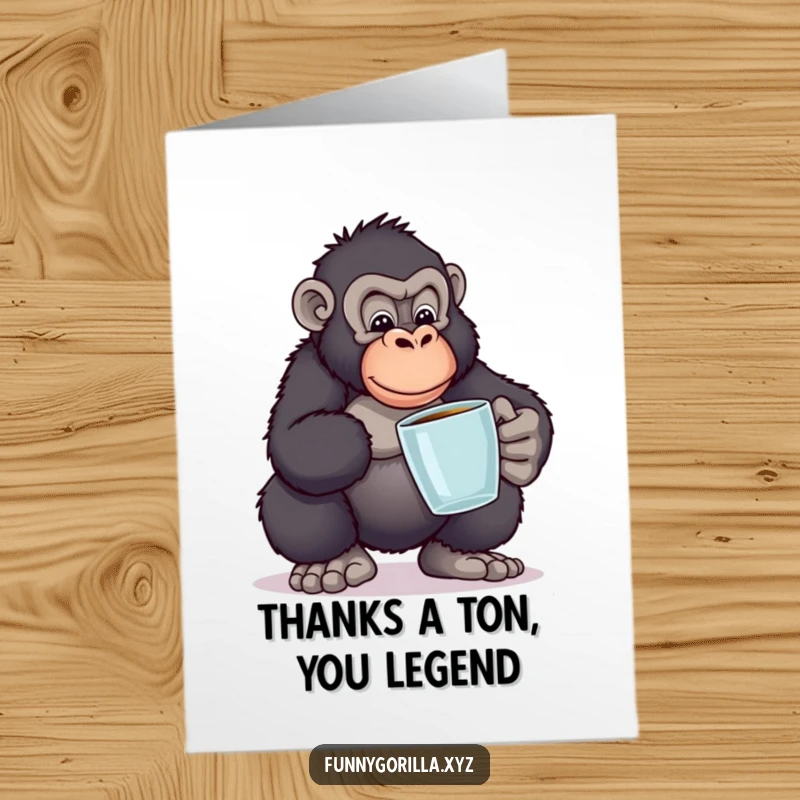 Funny free printable thank you card of a gorilla struggling to balance books, a humorous downloadable message.