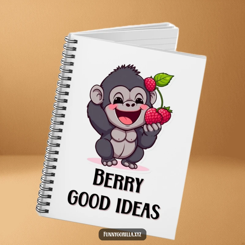 Funny Notebook with a happy gorilla character excitedly offering a berry, ideal for recording ideas with a touch of sweetness.