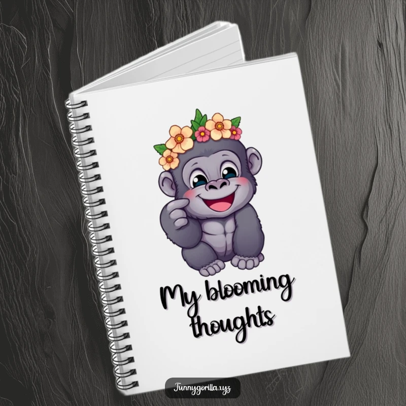 Funny notebook with a happy gorilla wearing a flower crown, playfully poking its cheek, designed for jotting down notes and ideas.