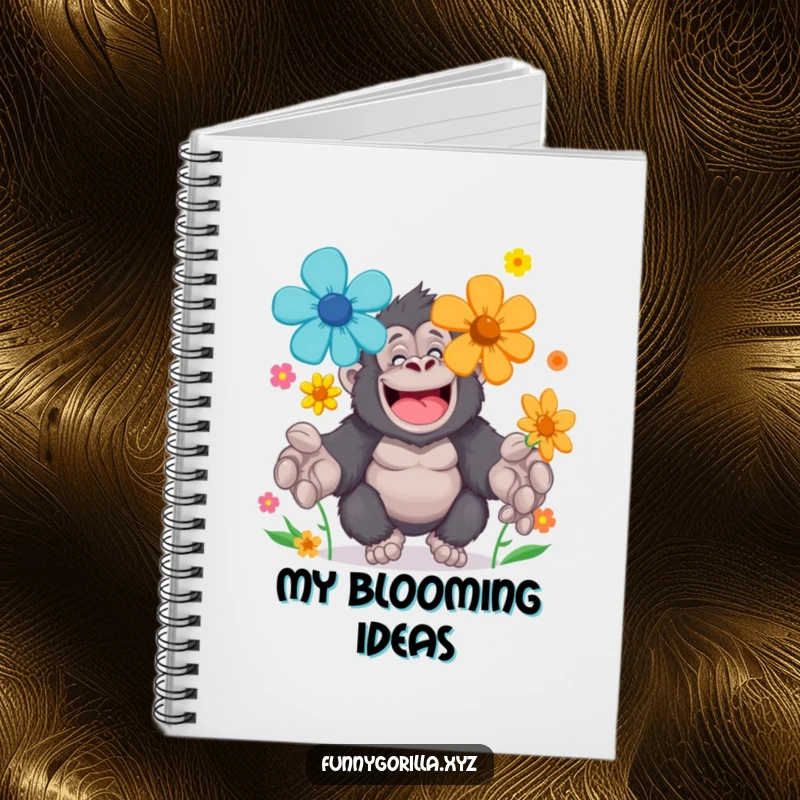 Funny Notebook featuring a cheerful gorilla character juggling brightly colored flowers with large paws, perfect for jotting down gentle ideas.