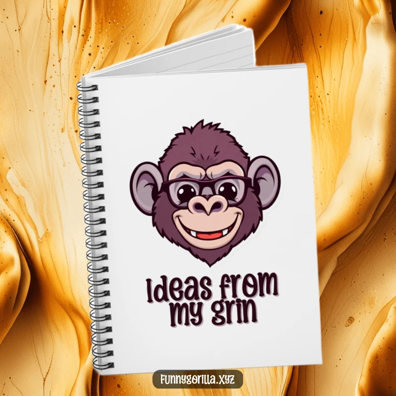 Funny Notebook with a stylized gorilla head, a wide, comical smile, and tiny ears, perfect for jotting down humorous thoughts.