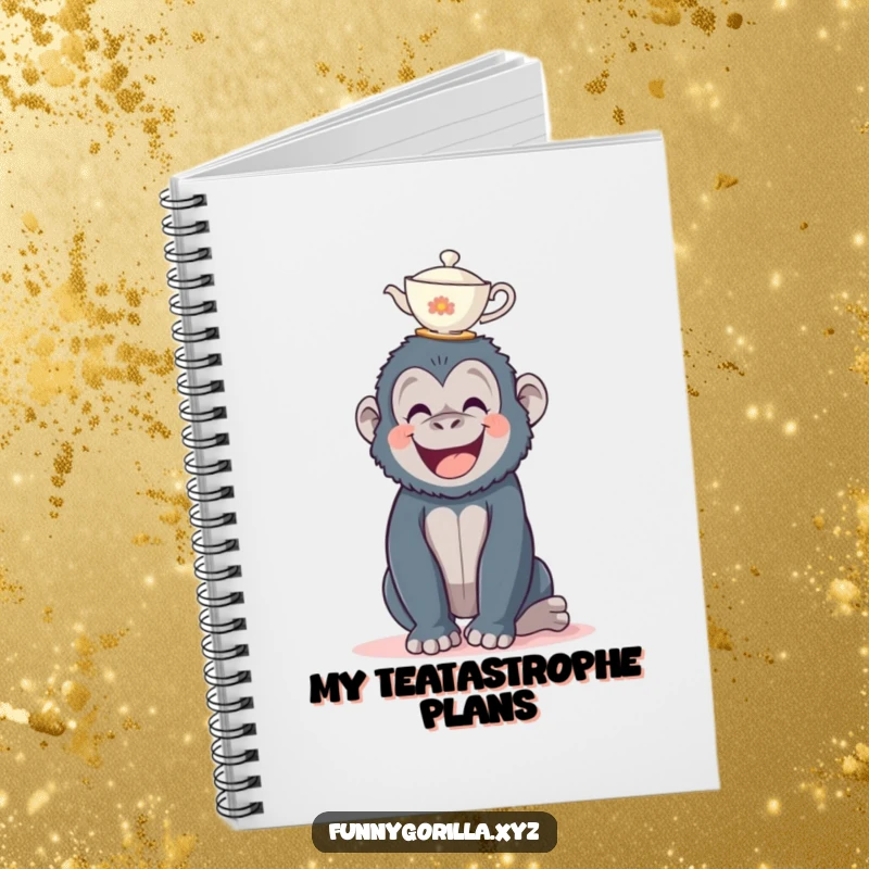 Funny gorilla notebook, featuring a happy ape balancing a delicate teacup on its head, ready for notes.