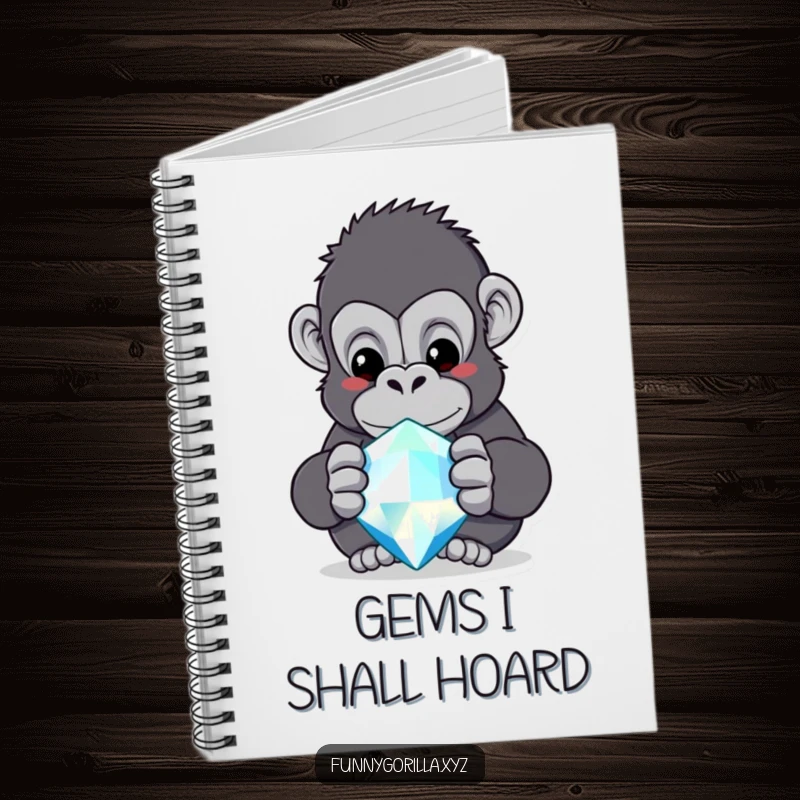 Funny gorilla notebook, a curious ape intently observing a large, sparkling jewel, ready for inspiration.