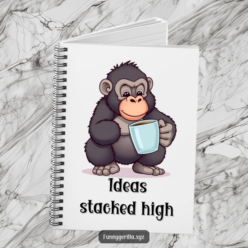Funny notebook featuring a gorilla balancing books in a funny pose, designed for capturing smart ideas and study notes with humor.