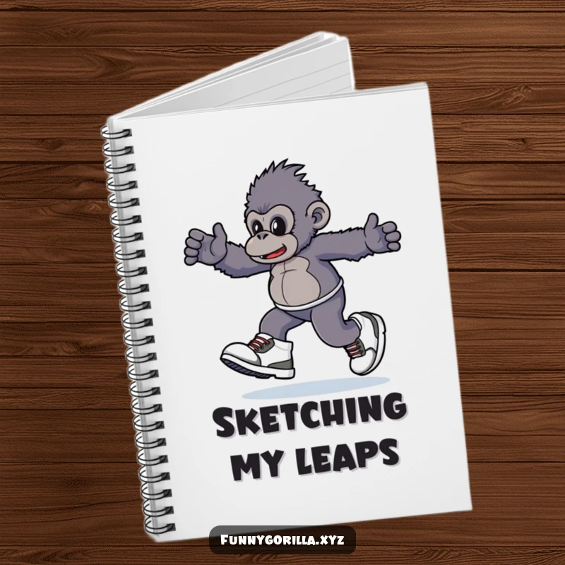 Funny Notebook with a gorilla character playfully skipping in oversized sneakers, ideal for jotting down notes with a humorous spirit.