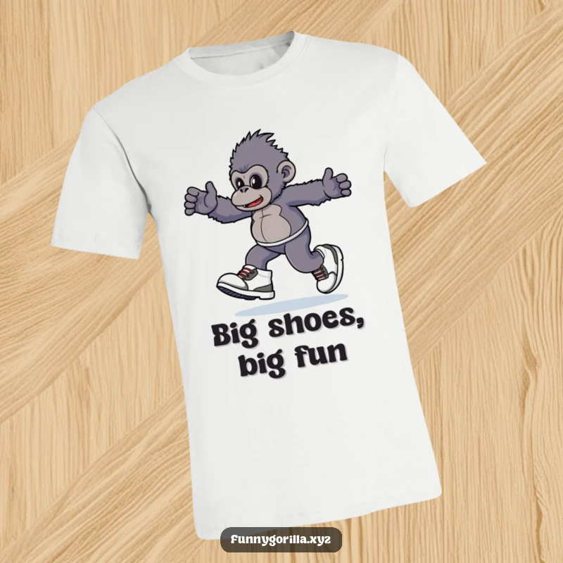 Funny T-Shirt of a gorilla character playfully skipping with infectious enthusiasm, wearing ridiculously large sneakers, full of goofy fun.