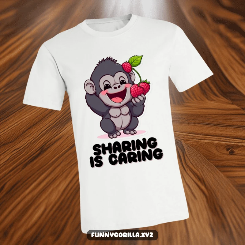 Funny T-Shirt depicting a joyful gorilla character enthusiastically offering a berry with a beaming smile, radiating warmth and generosity.